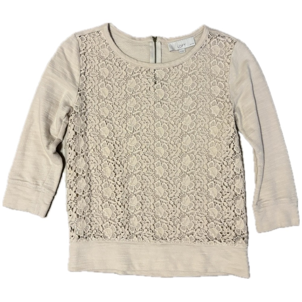 Ann Taylor LOFT Cream See Through Crochet Front Sweater Size XS